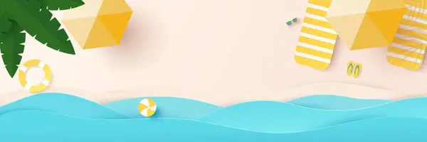 Yaz, seyahat ve tatil konsepti. Güneş yatağının havadan görünüşü, parmak arası terlikler, güneş gözlükleri, plaj topu, kumlu sahilde sarı şemsiye. Yaz dönemi geçmişi. Üst Manzara. Vektör illüstrasyonu