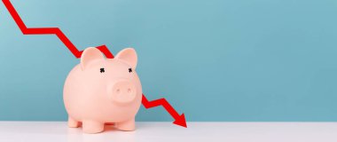Düşen GSYİH, kriz ve enflasyon. Piggy Bank ve Down Arrow rezervlerin azaldığını, ekonominin kötüleştiğini ve ekonomik durgunluğun arttığını gösteriyor