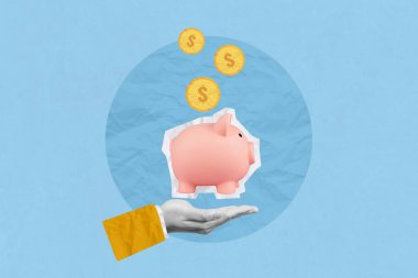 Yaratıcı sanat kolajı yatırım, faiz oranları, kar payları ve gelecekte tasarruf. Kumbaraya para atıp el ele tutuşuyorlar.