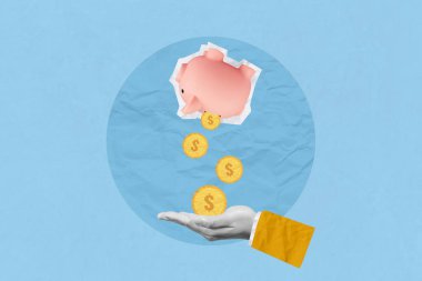 Kriz, durgunluk, finans, yatırım düşüşü, bütçe açığı ve kayıp kavramı. Domuzcuk kumbarasının yaratıcı sanat kolajı para akışının baş aşağı olması finansal krizi gösteriyor.