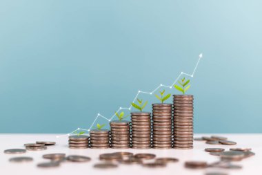Üstünde büyüyen küçük yeşil bitkiler olan yükselen para yığınları finansal büyümeyi ve sürdürülebilir yatırımı simgeliyor.