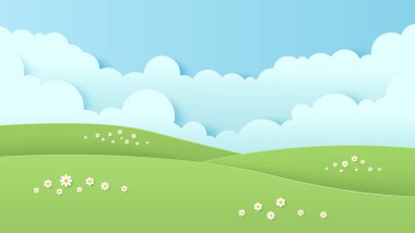 Yazın mavi gökyüzü arka planında dağ ve beyaz bulutlu manzara. Doğa manzarası. Kağıt kesiği ve zanaat stili çizimi