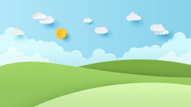 Yazın mavi gökyüzü arka planında dağ ve beyaz bulutlu manzara. Doğa manzarası. Kağıt kesiği ve zanaat stili çizimi