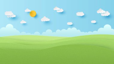 Yazın mavi gökyüzü arka planında dağ ve beyaz bulutlu manzara. Doğa manzarası. Kağıt kesiği ve zanaat stili çizimi