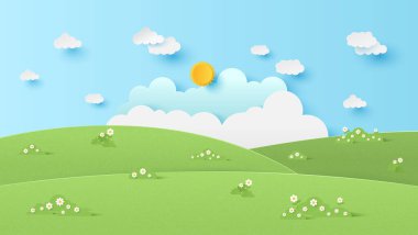 Yazın mavi gökyüzü arka planında dağ ve beyaz bulutlu manzara. Mavi gökyüzü ile yeşil manzara