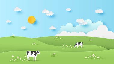 Güneşli bir günde yeşil tepeli ve bulutlu manzaranın vektör çizimi. Mavi gökyüzü olan yeşil bir manzara. Kağıt kesiği ve zanaat stili çizimi