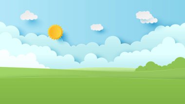 Yazın mavi gökyüzü arka planında dağ ve beyaz bulutlu manzara. Doğa manzarası. Kağıt kesiği ve zanaat stili çizimi