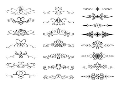 Çiçek metin ayırıcı seti. Metin bölme kolleksiyonu çiçek elementleriyle süslü doğrusal süsler oluşturur. Beyaz arkaplanda siyah renkli vektör paragrafı ayırıcıları izole edildi.