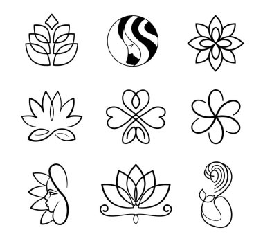 Vektör, zambak, nilüfer, denizkızı, kadın yüzü ve çiçekleri kaplıca güzellik salonu için siyah çizgili logo, beyaz arka planda izole edilmiş kaplıca logosu koleksiyonu.