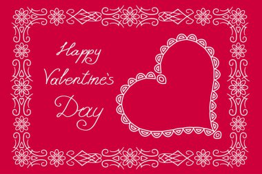 Sevgililer Günün kutlu olsun. Kırmızı arka planda beyaz bir kalp çerçevesi. Çiçek sınır çerçevesi.