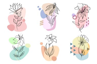 Çiçek tasarımı seti. Beyaz arka planda izole edilmiş çizgi çizgileri ve düz renkli şekillerle, vektör çiçek bileşimi koleksiyonu. Giysiler, kupalar, yastıklar, takvimler vs. üzerine baskı yapmak için tasarımlar.