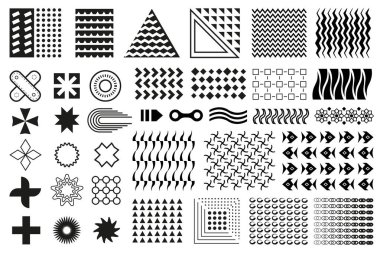 Memphis seti. Siyah düz geometrik tasarım elementlerinin toplanması. Beyaz arkaplanda Memphis şekilleri izole.