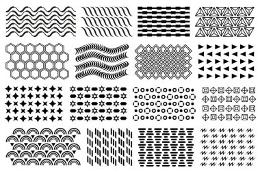 Memphis deseni. Siyah vektör memphis mozaik desen ayarlandı. Siyah düz geometrik tasarım elementleri, posterler, broşürler, broşürler vs..