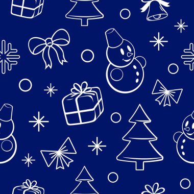 Kardan adam, Noel ağacı, hediyeler ve kurdeleler. Dış hatları siluetlerle kusursuz desen.