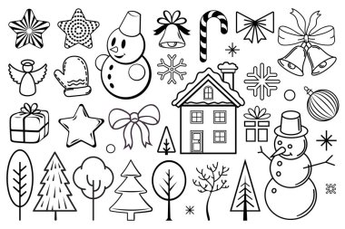 Noel tasarım unsurları. Noel süsleri ve illüstrasyon seti. Broşürler, afişler, kartpostallar, posterler, tebrik kartları, davetiyeler gibi tasarım projeleriniz için dekoratif süsler ve simgeler.