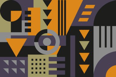 Geometrik düz şekilli arka plan. Turuncu, sarı, siyah ve gri renkli kesirli, şekilli geometrik arkaplan.