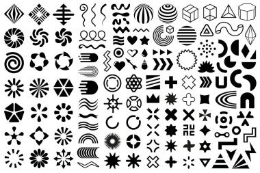 Vektör şekilleri, siyah düz geometrik tasarım elementleri. Memphis seti, soyut modern şekiller ve formlar grubu. Dekoratif ögeler koleksiyonu.