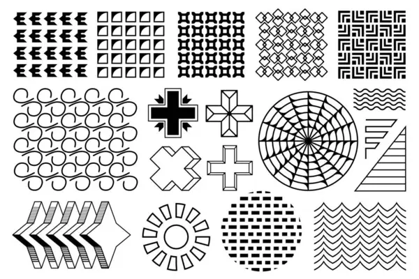 Soyut geometrik tasarım elementleri. Siyah ve beyaz düz memphis vektör desenleri. Kapak, pankart, davetiye ve diğerleri gibi tasarım projeleri için Memphis yarım melodileri.