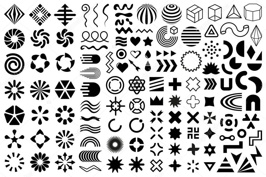 Vector shapes, black flat geometric design elements. Memphis set, group of abstract modern shapes and forms. Decorative elements collection.
