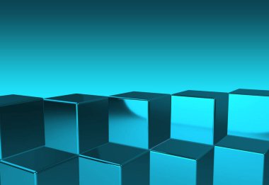 Soyut mavi küpler, 3 boyutlu görüntüleme, parlak, parlak küpler. Metalik kutular, soyut arkaplan