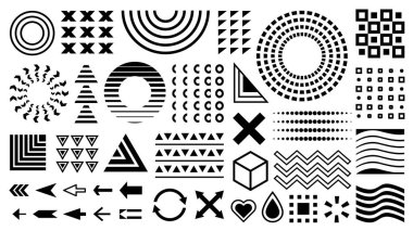 Soyut şekiller. Geometrik tasarım elementleri. Memphis siyah ve beyaz desenleri, evrensel vektör geometrik tasarım elementlerini şekillendirir.