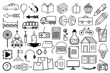 Rastgele simge seti. Beyaz arka planda ince çizgileri olan siyah simgeler. Siyah doğrusal semboller, modern işaretler.