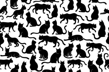 Seamless, repeating pattern with cats. Kittens flat shapes illustrations. Black and white pussy cats in different position seamless pattern.