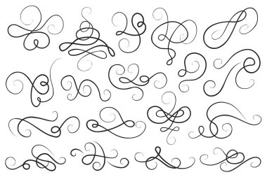 Kaligrafi vektörü dekoratif elementler koleksiyonu. Doğrusal kıvrımlar ve kıvrımlar. Siyah ince çizgi döner ve döner..