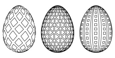 Süslü yumurtalar. Siyah ve beyaz yumurta vektör çizimi beyaz arkaplanda izole edilmiş. 3B tasvir, taslak, çizgi çizimleri.