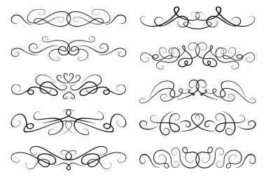 Vektör metin ayırıcıları. Paragraf ayırıcı tasarımların koleksiyonu. Siyah süslü kenarlar, kıvrımlı çizgiler, zarif metin ayırıcılar