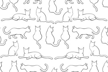 Kusursuz siyah beyaz çizgili kedi deseni. Siyah arka planda siyah ince çizgili kediler. Kusursuz kediler vektör desenini tekrarlıyor.
