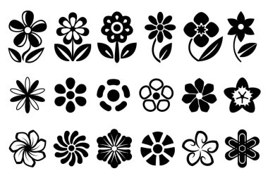 Çiçeksel elementler, beyaz arka planda izole siyah düz çiçekler. Soyut çiçek simgeleri, stilize edilmiş çiçek süslemeleri. Logo, davetiye, desen, kartpostal oluşturmak için çiçek düzlüğü tasarımları,
