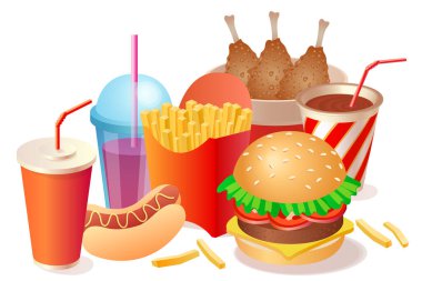 İçecekler, burger, sosisli, tavuk ve patatessiz fast food..