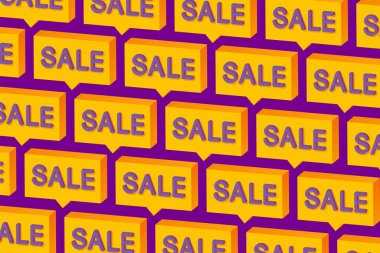 Düğme izometrik, 3D görüntüleme, şablon, tekrarlanan satış düğmesi şablonu arkaplanı üzerindeki metin indirimi.