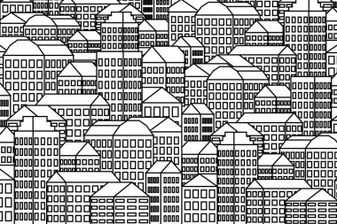 City background pattern with houses hand skyscrapers. Black and white cartoon illustration with black thin line. Urban view cityscape pattern.