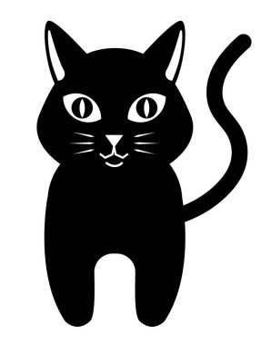 Kara kedi illüstrasyonu. Düz siyah sevimli siyah kedi çizimi, beyaz arka planda izole edilmiş. Tasarım projeleriniz için kedi çizgi film klip sanatı..