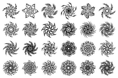 Dönen mandala tasarım elementleri. Soyut dönen, dönen, bükülmüş çiçek koleksiyonu. Çiçek tek renkli tasarım elementleri.