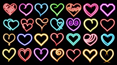 Renkli vektör neon kalpler. Kalp şeklinde parıldayan neon ışıklar. Doğrusal parlak çizimler, dekorasyon, çerçeve, metin, sevgililer günü tasarımı ve diğer amaçlar için iyidir.