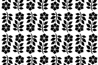 Çiçeksiz, soyut bir desen. Siyah ve beyaz, dekoratif tasarım. Düz çiçekli tasarım elementleriyle sonu gelmeyen monokrom deseni.