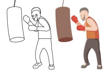 Kum torbasıyla boksör. Spor eğitimi. Çizgi sanatı ve renkli çizimler. Kırmızı eldivenli boksör çantaya yumruk atıyor..