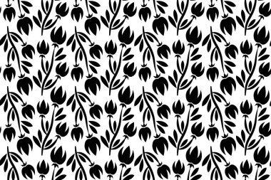 Çiçeksiz, soyut bir desen. Siyah ve beyaz, dekoratif tasarım. Düz çiçekli tasarım elementleriyle sonu gelmeyen monokrom deseni.