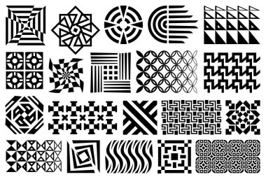 Soyut geometrik tasarım elementleri ve desenleri. Siyah ve beyaz Memphis stil tasarımı şekiller, süsler.