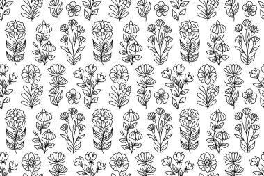 Çizgi çizgisi, çiçekleri pürüzsüz desen çizmiş. Dekoratif çiçek desenli çiçek deseni. Özet, dış hatlar bahar çiçekleri botanik çizimleri, kır çiçekleri, el çizimleri.