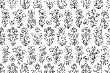 Çizgi çizgisi, çiçekleri pürüzsüz desen çizmiş. Dekoratif çiçek desenli çiçek deseni. Özet, dış hatlar bahar çiçekleri botanik çizimleri, kır çiçekleri, el çizimleri.