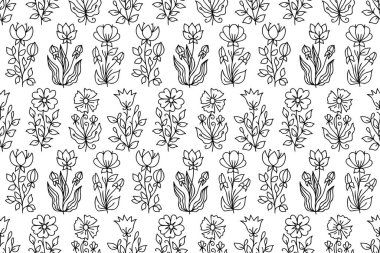 Çizgi çizgisi, çiçekleri pürüzsüz desen çizmiş. Dekoratif çiçek desenli çiçek deseni. Özet, dış hatlar bahar çiçekleri botanik çizimleri, kır çiçekleri, el çizimleri.
