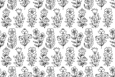 Çizgi çizgisi, çiçekleri pürüzsüz desen çizmiş. Dekoratif çiçek desenli çiçek deseni. Özet, dış hatlar bahar çiçekleri botanik çizimleri, kır çiçekleri, el çizimleri.