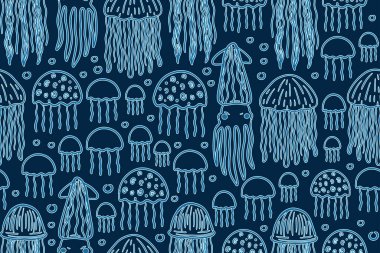 Medusalarla kusursuz desen. Mavi çizgili denizanalarının ana hatları..