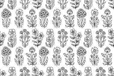 Çizgi çizgisi, çiçekleri pürüzsüz desen çizmiş. Dekoratif çiçek desenli çiçek deseni. Özet, dış hatlar bahar çiçekleri botanik çizimleri, kır çiçekleri, el çizimleri.