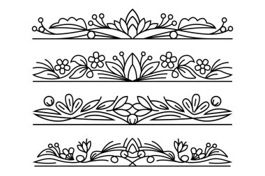 Soyut çiçek sınırları, çizgi sanat çerçeveleri. Gösterişli botanik dekoratif süslemeler, süsleme kenarlıkları, bölücüler.