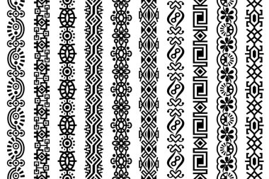 Soyut, kusursuz, evrensel vektör dikey desenleri. Soyut geometrik kenarlar, çerçeveler, zincirli geometrik tasarım elemanları ile dantel desenler siyah renkli, beyaz arkaplanda izole